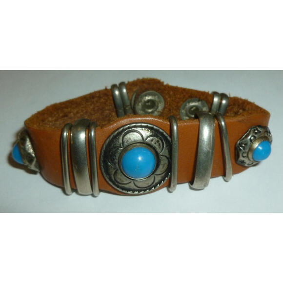 Jewelry - Vintage Brown Leather Silver Tone Faux Lapis Bracelet 7"-7.5"